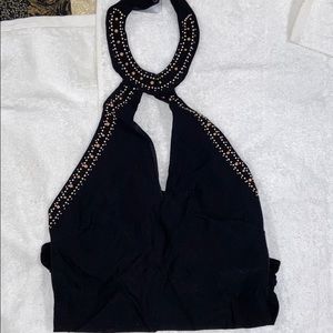 Black jeweled halter body suit